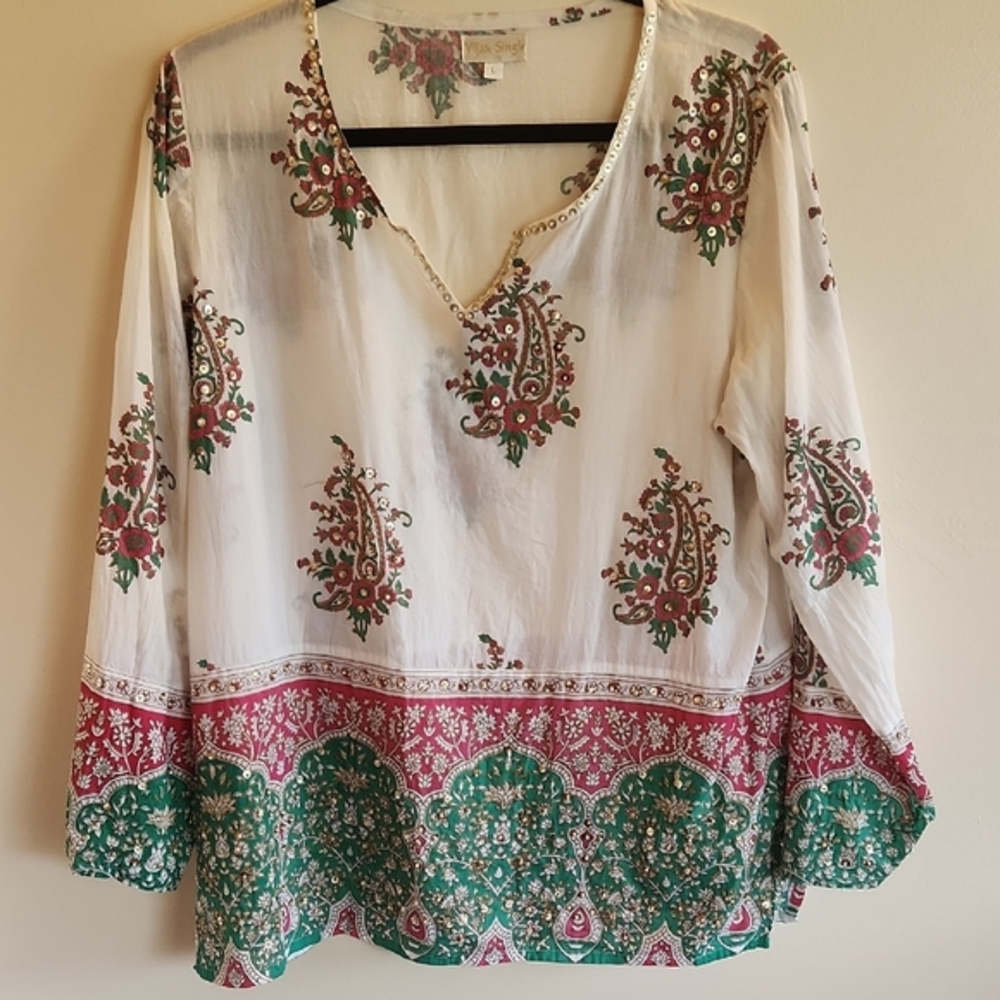 Vijay Singh, 100% Cotton Sequinned Tunic Blouse, Size L